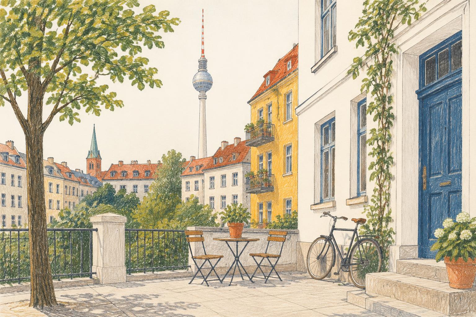 A colored-pencil view of a Berlin neighborhood beneath the TV Tower